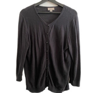 LOFT L Textured Black Button Up Lightweight Cardigan Business Casual Office OF22